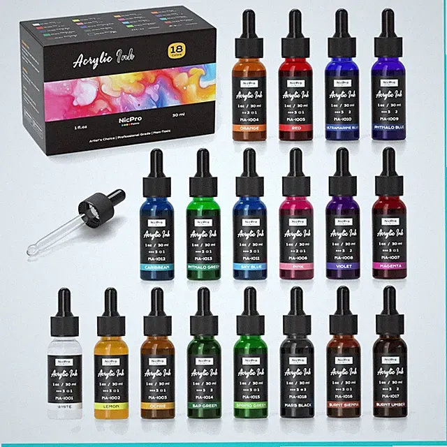 18 Colors Acrylic Ink, 1-oz30ml Bottle with Dropper, Quick Dry Permanent Acry...