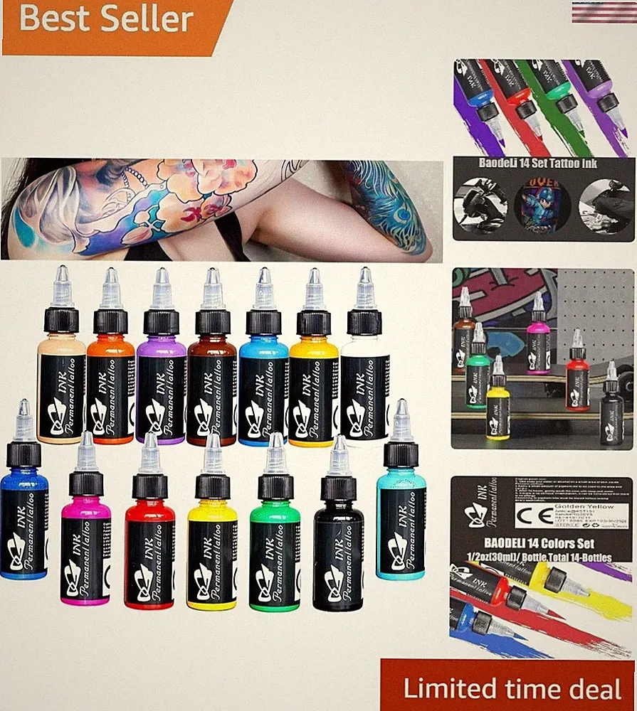 Professional Tattoo Ink Kit - 14 Colors, Long-lasting Pigments in 30ml Bottles