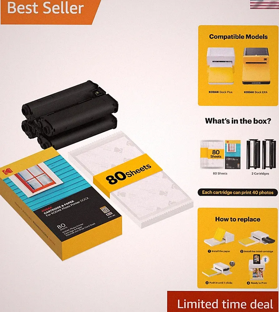 Vibrant Black and Color Ink Cartridge Refill for Kodak Dock – 80 Prints Included